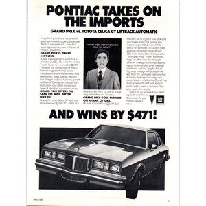 1980 Pontiac Grand Prix 2 Door Vintage Print Ad Takes on Imports 80s Wall Art
